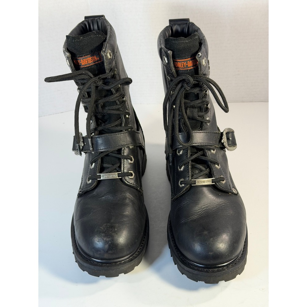 Harley Davidson Mens Black Leather Biker Boots Lace Up Buckle Strap Size 10